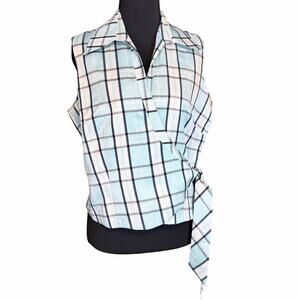 ICE Silk Plaid Wrap Top Sleeveless Tie Waist Blouse Size 8 preppy classy coastal